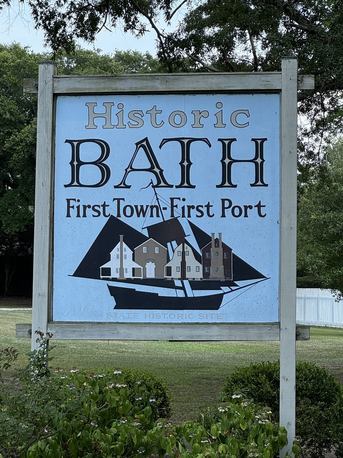 Historic Bath, First Town-First Port state historic site sign in Bath, North Carolina